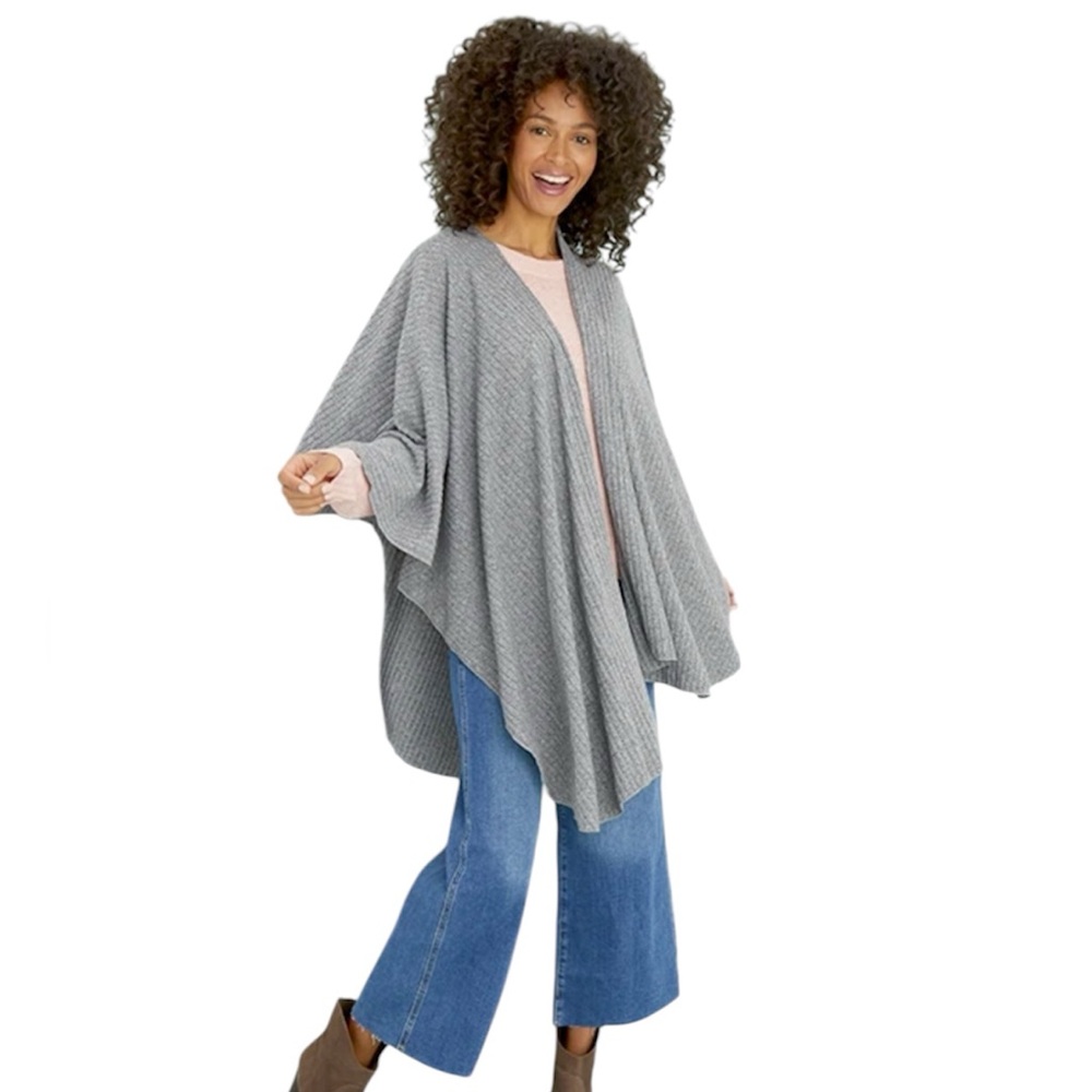 Heather brushed grey ribbed poncho cape wrap layering large open front scarf